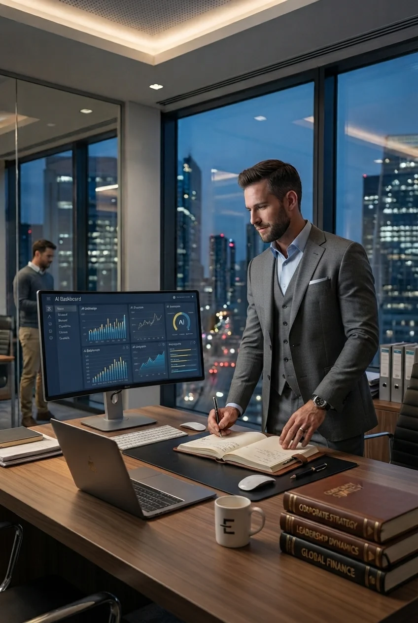 Empresário acompanhando a gestão da empresa com apoio de inteligência artificial.